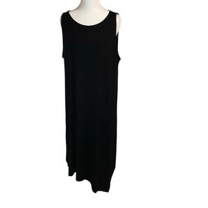 Eileen Fisher XL Black Asymmetrical Midi Dress Stretch‎ Sleeveless Viscose Lycra